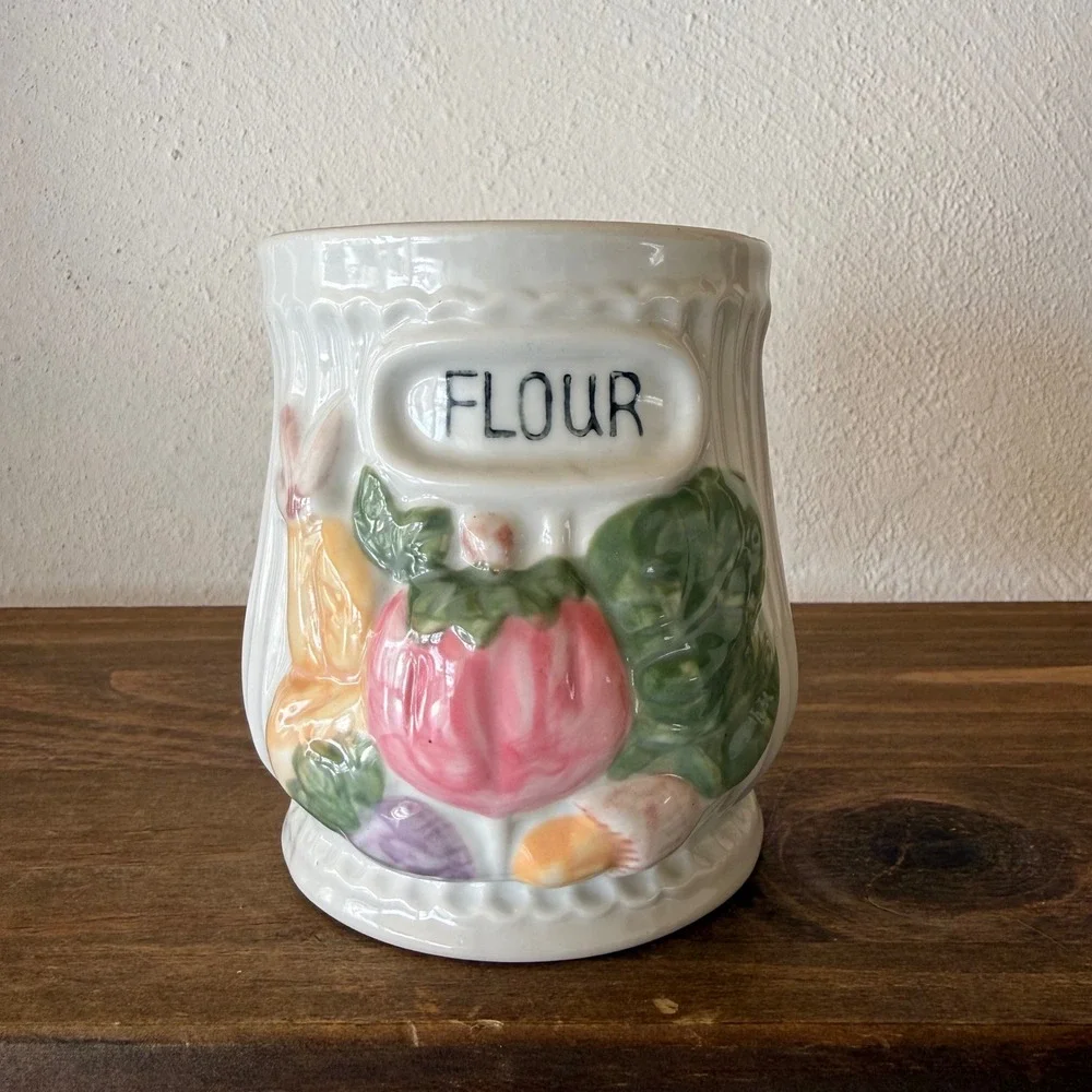 Ceramic Flour Sugar Canister Set Vegetable Kitchen Decor Grandmacore Missing Lid